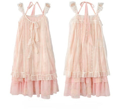 Yume Kawaii Pink Two-pieces Set- Halter Neck Tiered Skirt Slip Dress+Flutter Sleeves Polka-dot Overdress