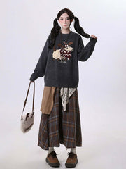 Mori Kei Coffee Plaid Maxi Skirt with Asymmetrical Patchwork Design