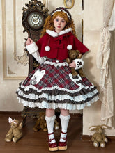 Red Plaid Bear-themed Winter Lolita JSK + White Top + Cape + Hairband Full Set