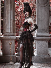 Gothic Black Velvet Tiered Skirt with Detachable Tulle Train