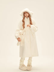 White Mid-Length Cat Ear Hood Coat with Bow-Accented Pockets