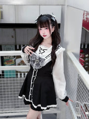 Nautical Jirai Kei Coord Set: Black and White Sailor Collar Dress with Matching Shorts