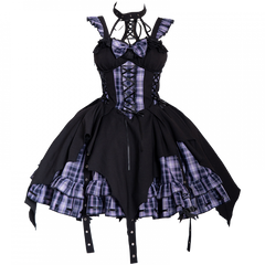 Black and Purple Punk Lolita Plaid Idol Dress Strappy Bat Hem Jumper Skirt