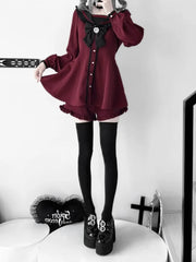 Wine Red Jirai Kei Set- Sailor Collar Bunny Ears Design Back Mini Dress + Ruffle Hem Shorts + Bow Tie