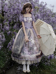 Purple and Beige Overlay Floral Print Basque Waist Lolita Dress