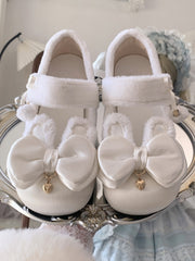 White Sweet Lolita Heart Charm Plush Bunny Ear Bow at Top Round Toe Shoes
