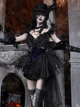 Goth Black and Purple Ballet Dress with Feather-Adorned Straps and Detachable Beaded Tulle Train