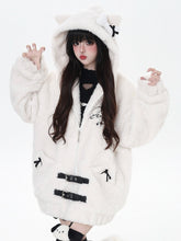 White Plush Hooded Jacket in Daily Kawaii - Bow Accents, Cat Ear Hood & Dual Fastening System
