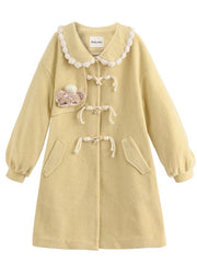 Yellow Long Coat with Peter Pan Collar and Plush Trim