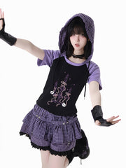 Y2K Purple Elastic Waist Lace Trim Plaid Skort