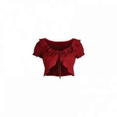 Red Knit Cardigan with Tie Closure and Puff Sleeves