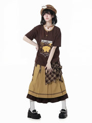 Yellow Colorblock Design Box Pleat Ankle Length Skirt