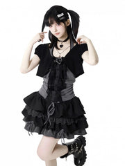 Y2K Black and Gray Three Pieces Set - Short Sleeves Cropped Top+Halter Neck Top+Tiered Skirt