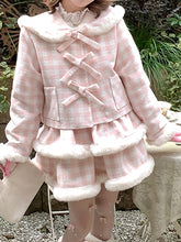Sweet Pink Plaid Cropped Coat with Bowknot Details and White Plush Trim