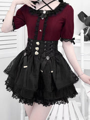 Wine Red Square Neckline Jirai Kei Blouse with Pleating Details & Heart Rhinestones