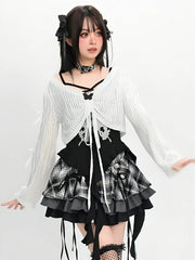 Y2K Black Cascading Ruffles Cami Top with White Coverup Set