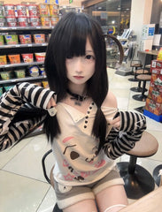 Alt-Kawaii White Asymmetric Neckline Top: Starry Striped Sleeves & Partial Heart Shaped Buttons