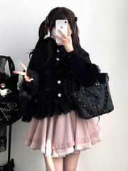Black Jirai Kei Zipper Style Fleece-lined Hooded Cape with Pom-poms, Bows and Ruffles