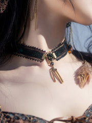 Steampunk Black Lace Dark Green Choker with Tassels