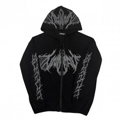 Gothic Lightweight Black/White Zip-Up Hoodie with Skeletal Wing Print