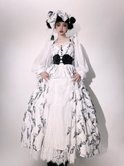 White & Black Tulip Pattern Elegant Classic Lolita Dress+Cropped Top+Corset Belt+Hairrband Full Set