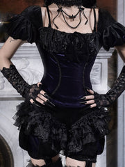 Goth-Style Slim Cut Glittery Puff Sleeves Top with Open Back and Adjustable Cross Shoulder Straps