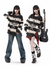 Zip Design Neckline and Hemline Gray and Creamy Striped Sweater