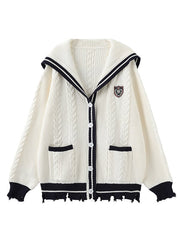 White Sailor-Collar Knit Cardigan with Blue Distressed Hem & & Embroidered Crest