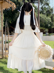 Preppy White Sailor Collar Midi Dress with Ruffle Trim