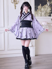 Purple Jirai Kei Skirt: High Waist Gothic Cross Print and Lace Details