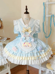 Light Blue Kitty-themed Sailor Collar Sweet Maid Lolita Dress with Heart Apron