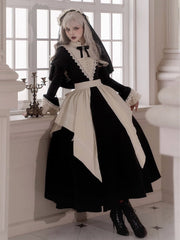 Elegant Black and Beige Ruffle Banded Collar Gothic Nun Lolita Dress Long Version