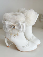 Off-white Sweet Winter Lolita Heart Heel Boots - Plush Cuff and Rhinestone & Beads Decor Bow Design