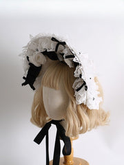 Black&White Maid Lolita Floral Design Bowknot Details Lace Trim Bonnet