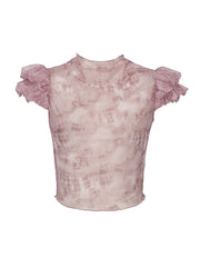 Y2K Pink Punk Distressed Tulle Top with Silver Graphics & Puff Sleeves