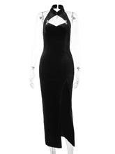 Halloween Gothic Black Cheongsam Qipao with Thigh-high Slit & Snake Metal Accent