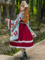 Blue Bear Print Crossover Design Top + Red Lace Trimmed JSK Dress Wa Lolita Set