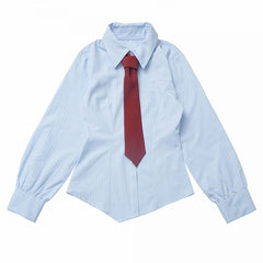 Light Blue Stripes Asymmetrical Hem Preppy Shirt with Free Tie