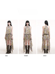 Gyaru Fashion Leopard Print Punk Halter Neck Dress with Double-Layered Ruffle Asymmetric Hem