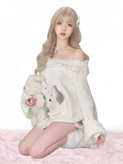 White Daily Kawaii Off-Shoulder Sweater - Plush Accents & Puppy Decor with Plush Bone Brooch