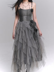 Gothic Gray Tulle Slip Dress with Rose Accents & Cascading Ruffles