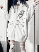 White Cat Ear Zip-up Studded Hoodie Jacketwith Gray Heart&Letter Print
