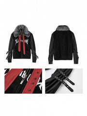 Black Punk Y2K Streetwear Fall/Winter Jacket with Faux Fur Collar & Red Studded Straps