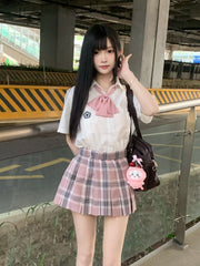 White Preppy Style Floral Embroidery Pleating Details JK Uniform Short Sleeves Shirt