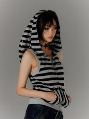 Black & Grey Stripes Bunny Ear Design Hood Y2K Vintage Tank Top