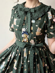 Short Version Dark Green Bear Print Short Sleeves Sweet Lolita Dress