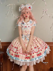 Strawberry and Cake Print Yellow Cute Dress Sweet Lolita Jumper Skirt