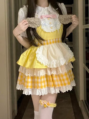 Yellow Gingham Sweet Lolita Overall Dress with Puppy Ear Design and Apron Detail
