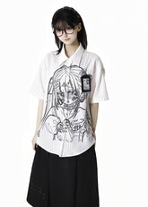 White Stripes Anime Girl Print Short Sleeves Shirt with Bow Tie