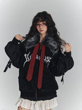 Black Punk Y2K Streetwear Fall/Winter Jacket with Faux Fur Collar & Red Studded Straps